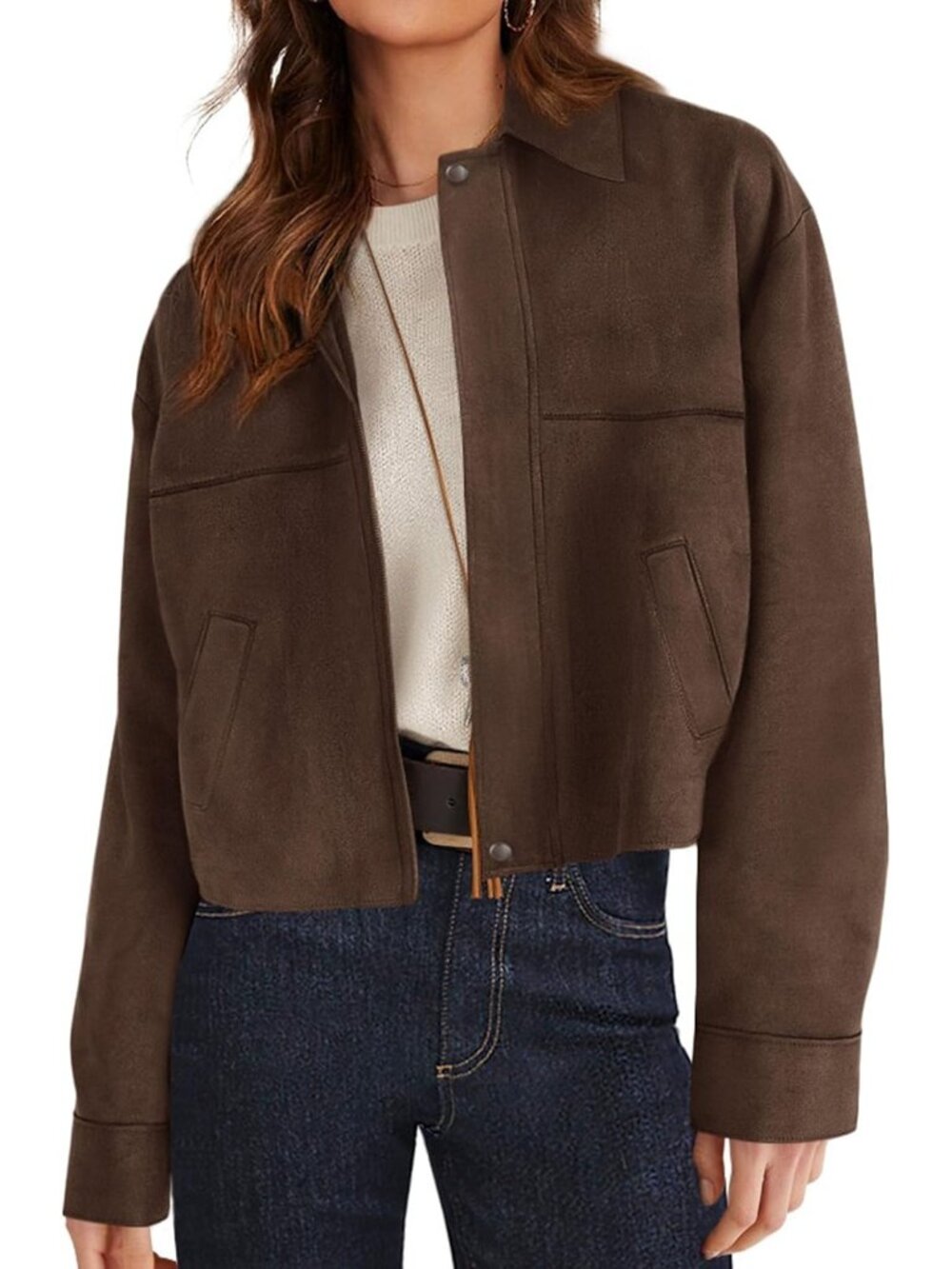 Women's Dark Brown Faux Suede Cropped 2 Pockets Fall Jacket Oversized Shacket